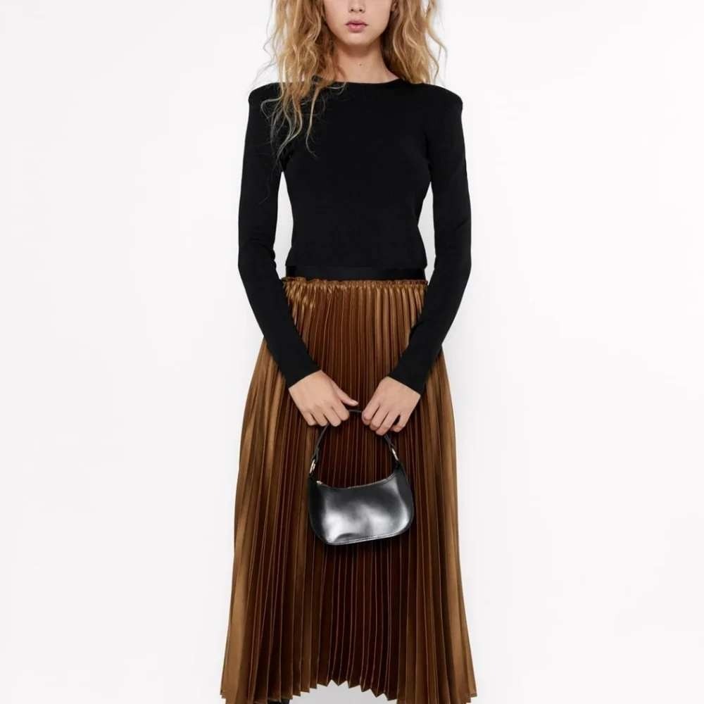 Zara Bronze Pleated Maxi Skirt Metallic Copper Accordion Long Skirt Womens M